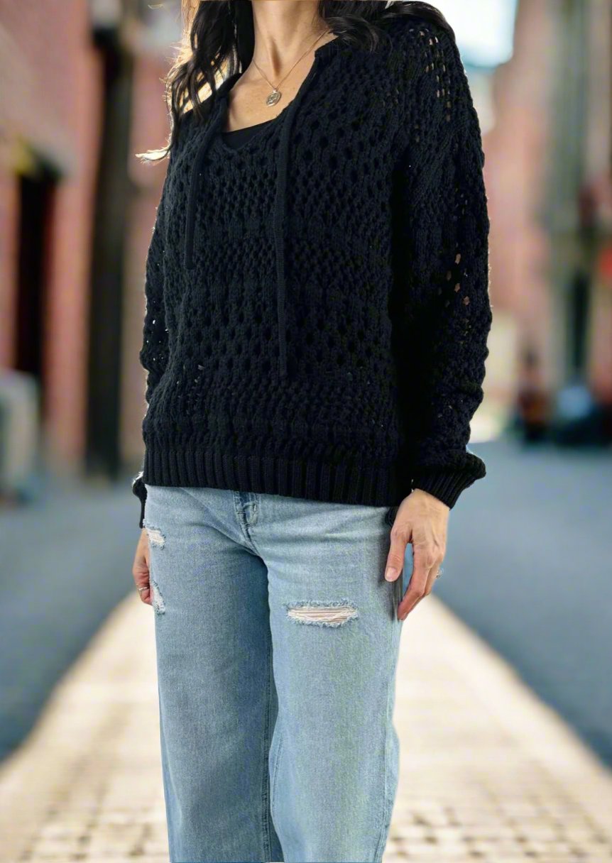 BLACK OPEN KNIT SWEATER