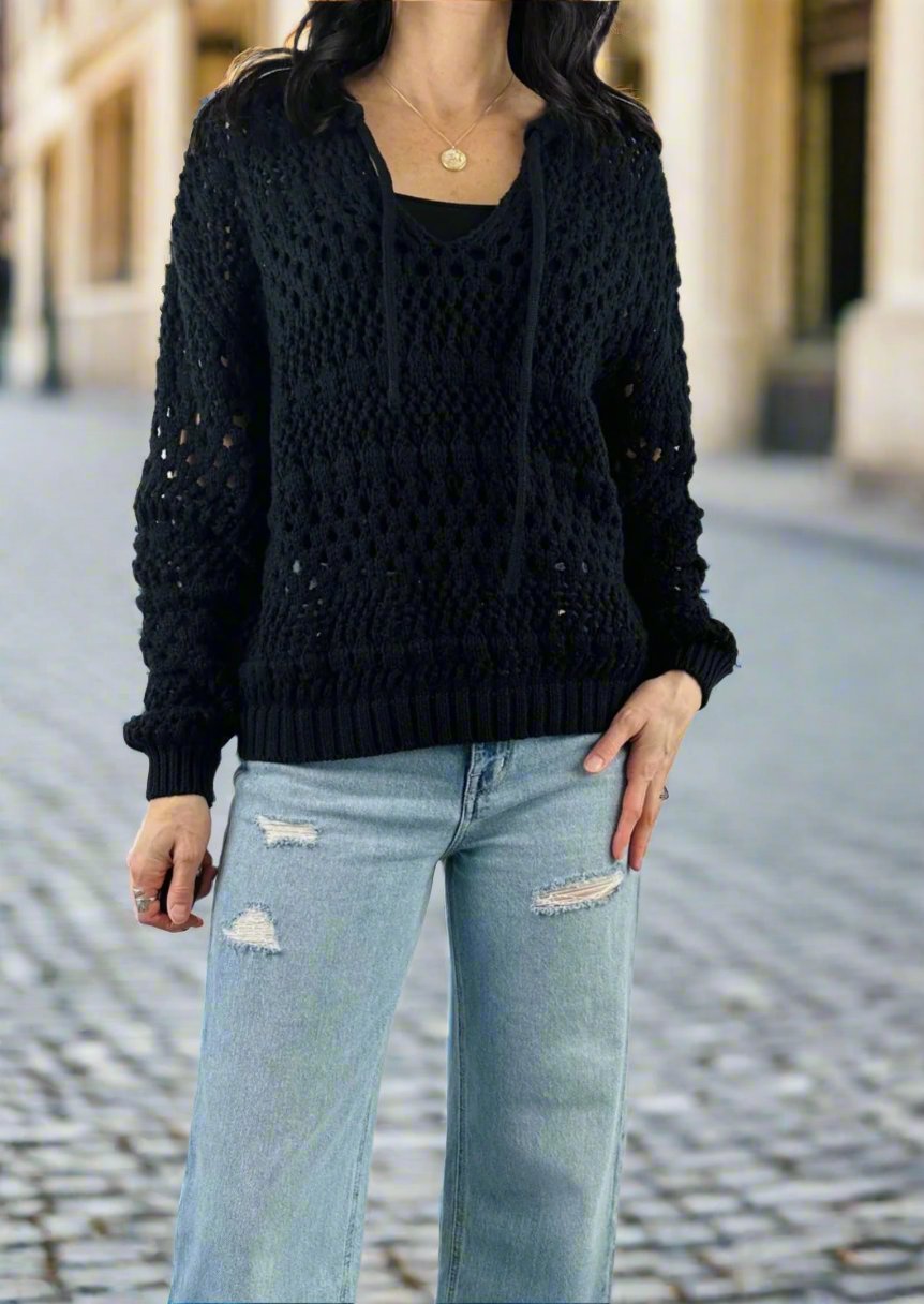 BLACK Open KNIT SWEATER