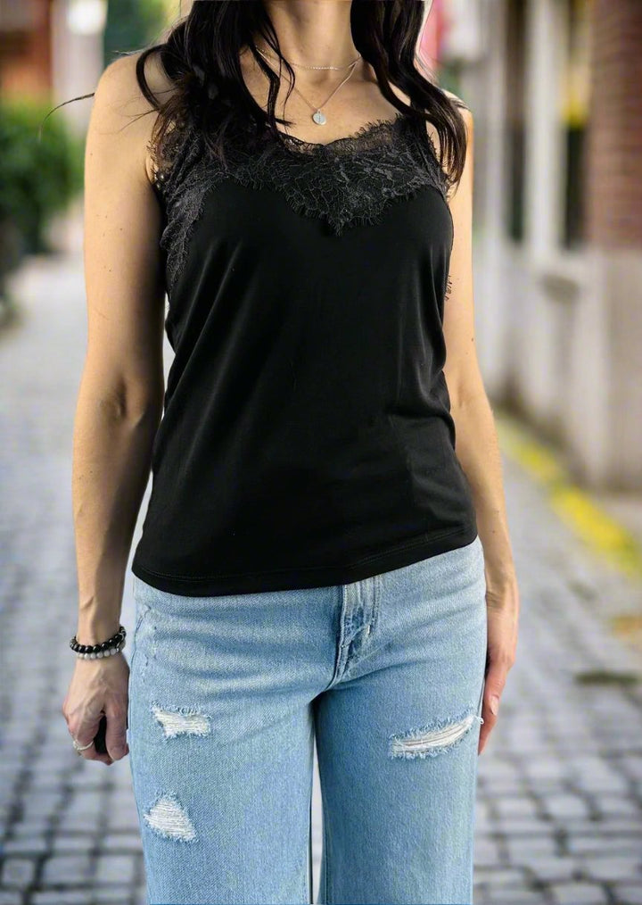 SWEET BLACK JERSEY LACE CAMI TOP