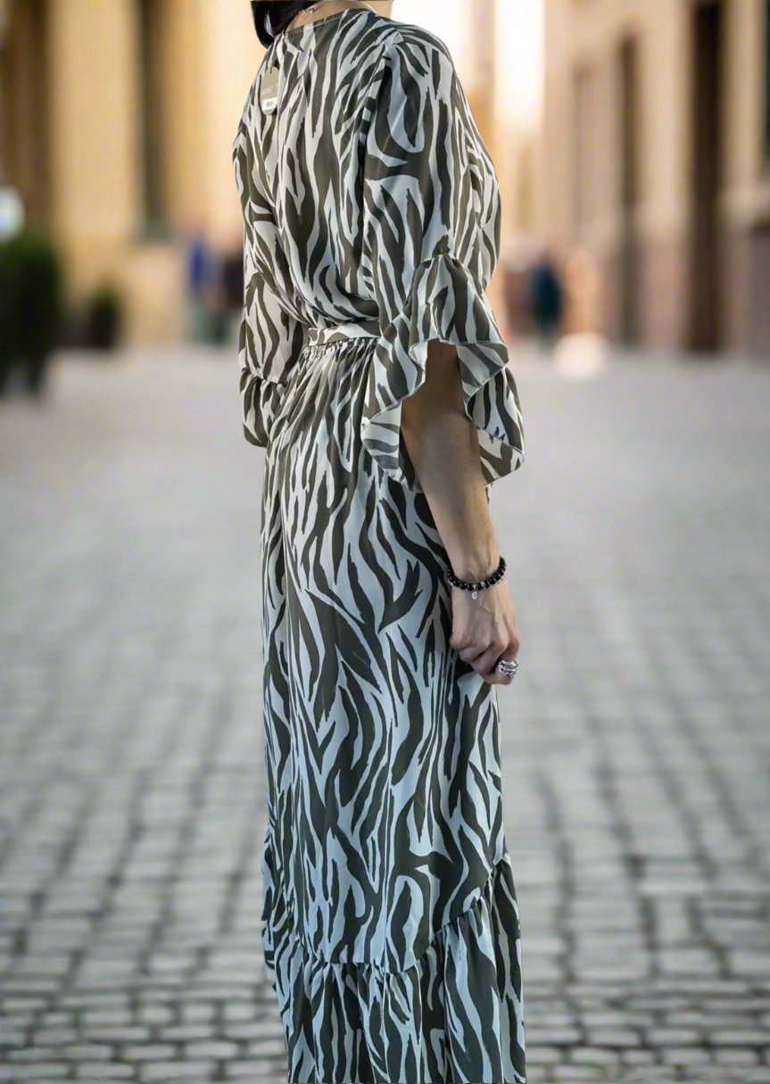 ZEBRA DIP HEM MIDI DRESS