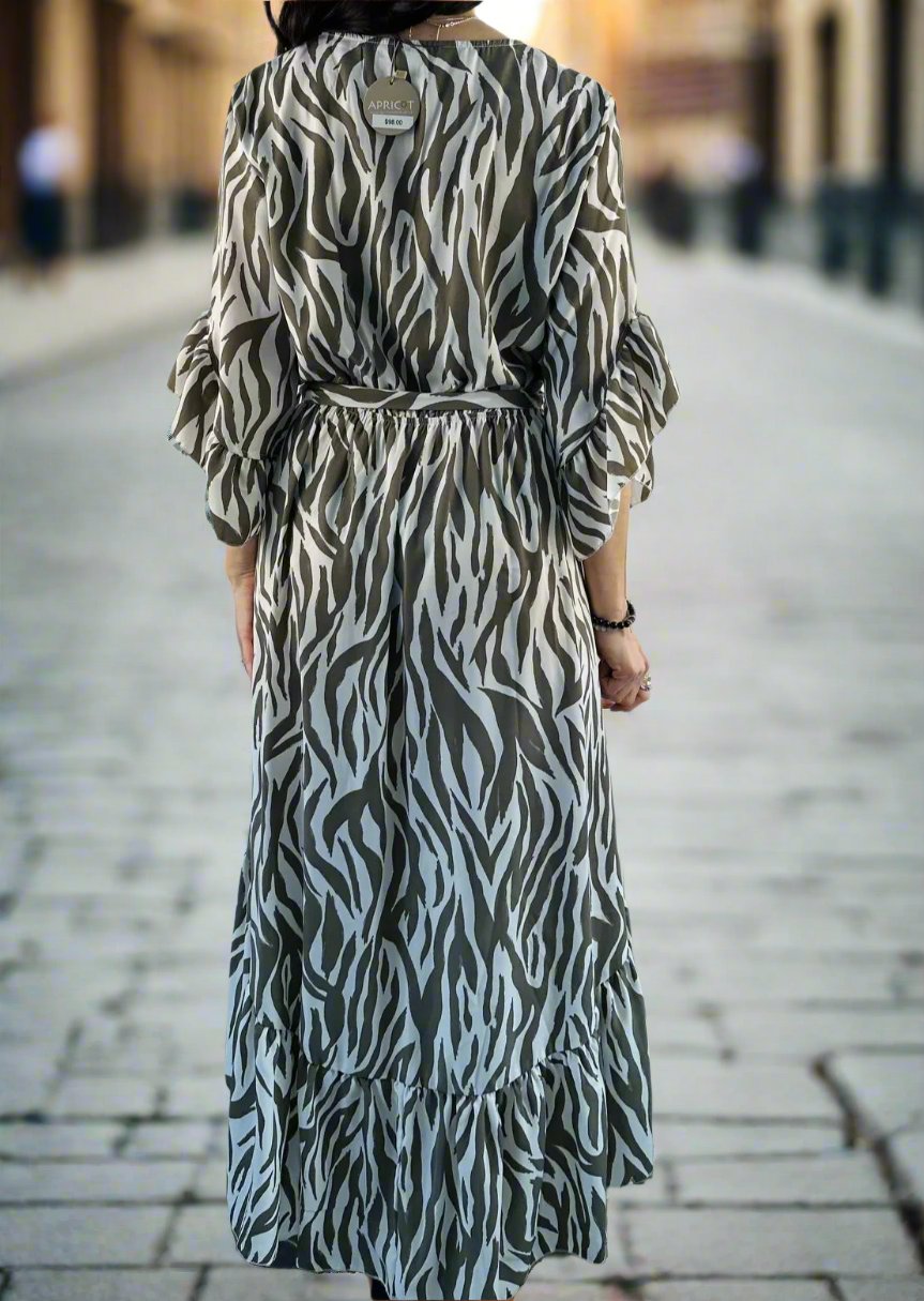 ZEBRA DIP HEM MIDI DRESS