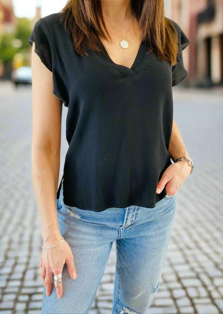 BLACK FRILL SLEEVE V-NECK TOP