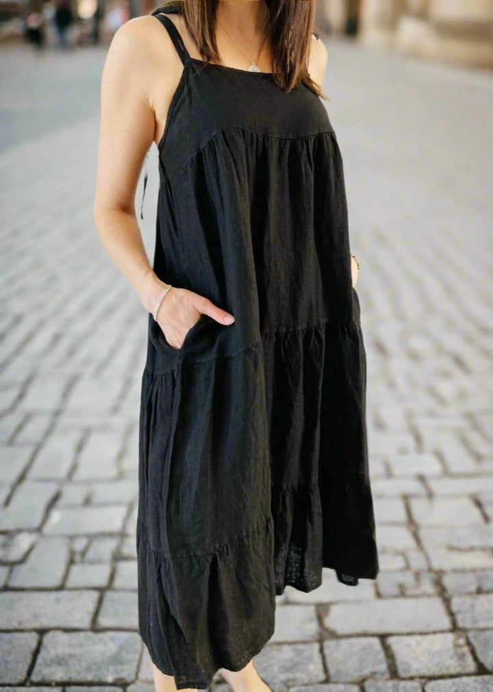 BLACK LINEN TIERED DRESS