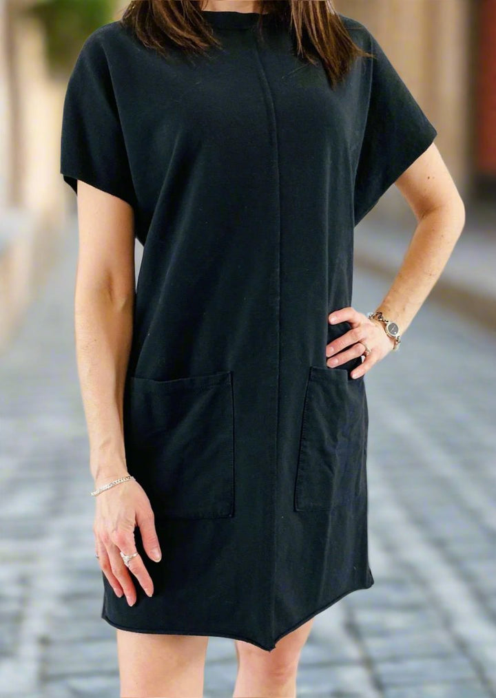 FRONT POCKET BLACK JERSEY MINI DRESS