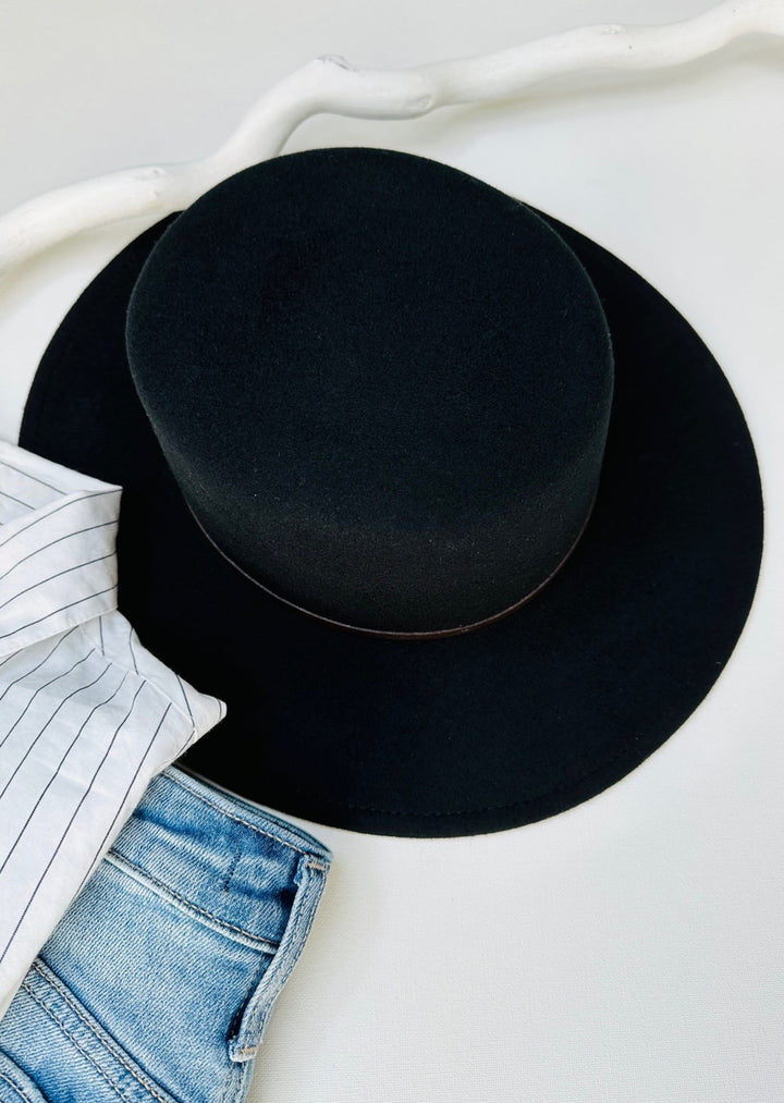 Matilda Black Flat Brim Boater Hat