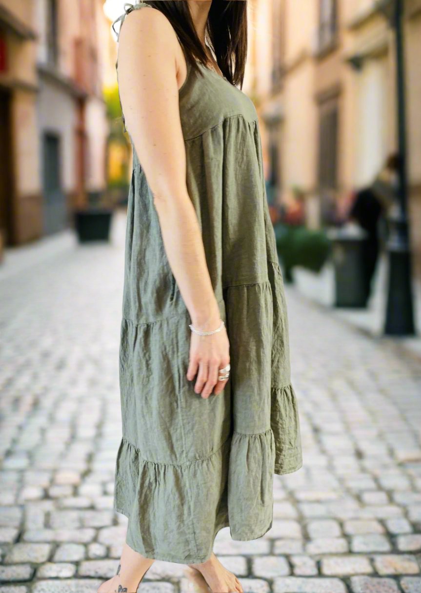 SAPPHIRE OLIVE GREEN LINEN TIERED DRESS