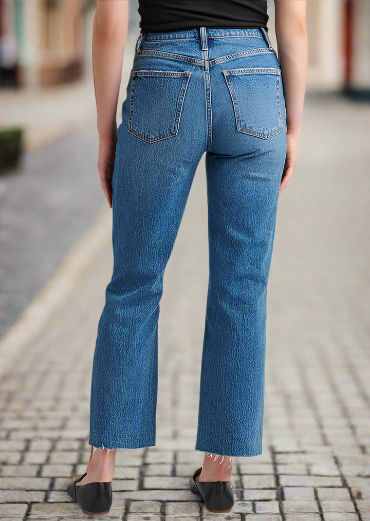 HIGHLY DESIRABLE STRAIGHT DISTRESSED DARK JEANS BACK VIEW