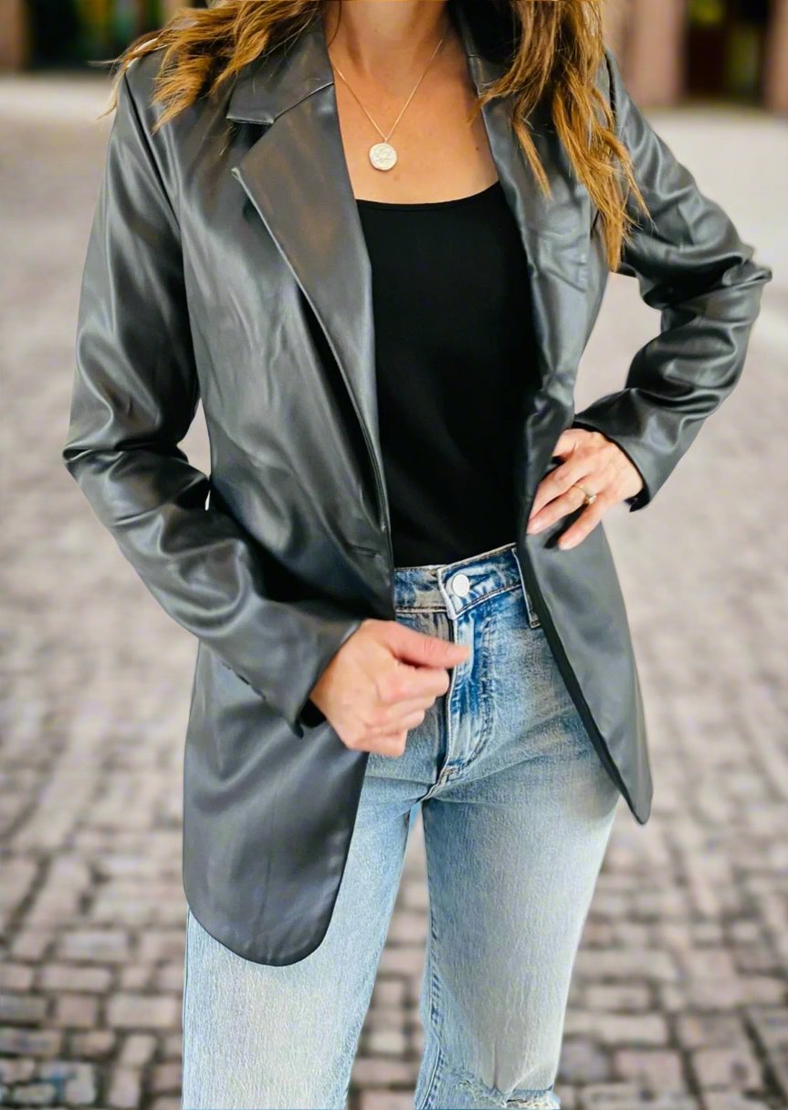 VEGAN LEATHER BLACK BLAZER JACKET