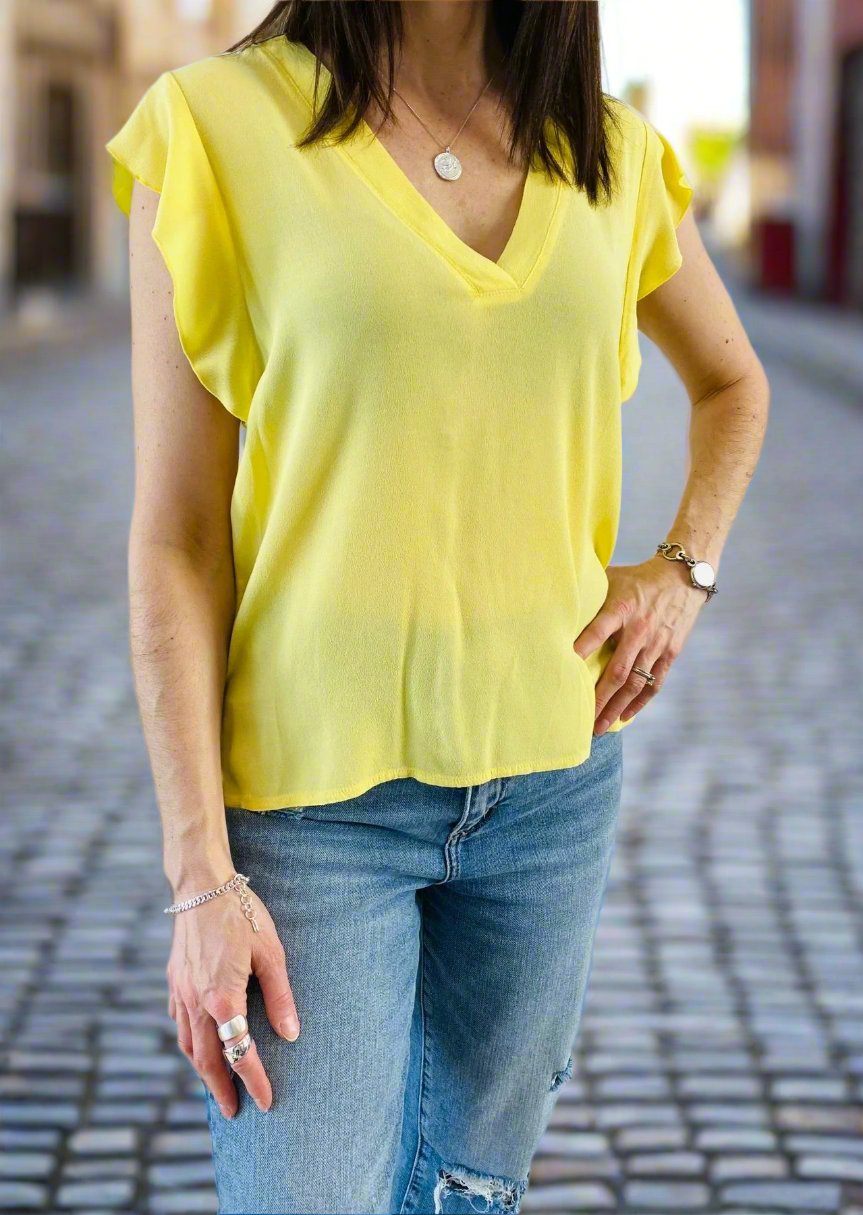 YELLOW FRILL SLEEVE V-NECK TOP